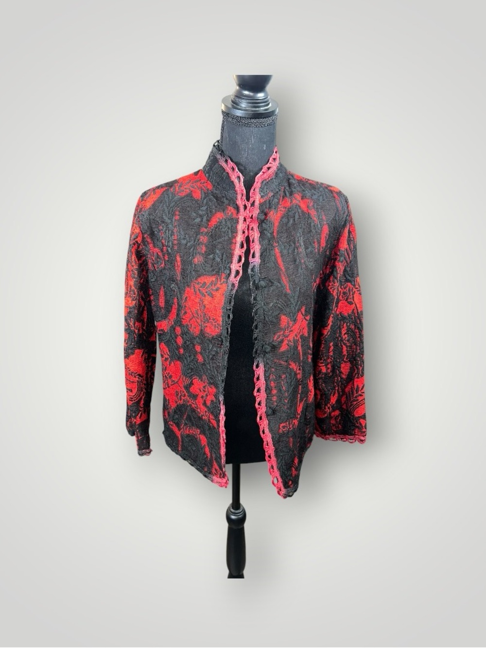 Choices Black Cardigan with Red Floral Knit